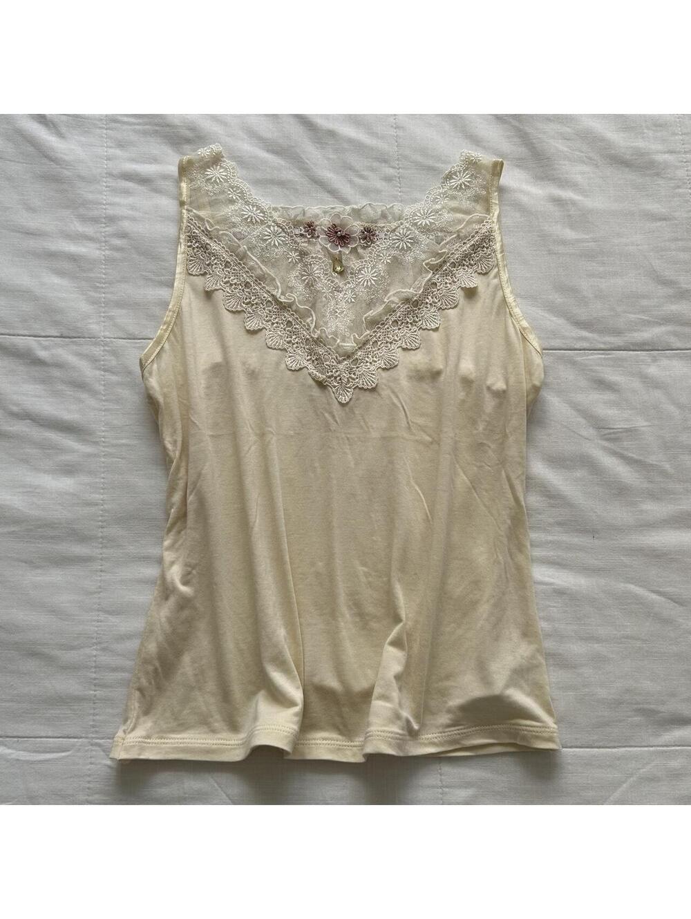 Axes Femme Ivory Embroidered Lace Tank Top Floral Applique Medium Japan